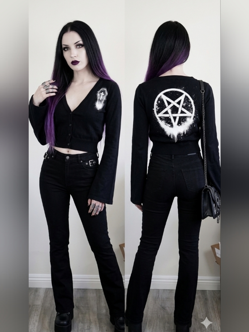NWT Too Fast Gothic Black Pentagram Cropped Cardigan Bell Sleeves, Med